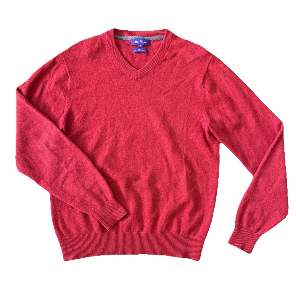 Alan Flusser 100% Cashmere Sweater Men Medium Red V-Neck 2 Ply Pullover